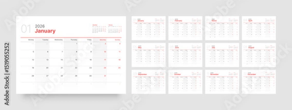 Fototapeta Monthly calendar layout for 2026 year. Diary planner for 2026 year. Week Starts on Monday. 