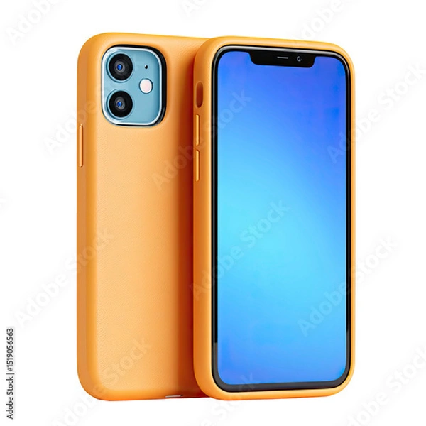 Fototapeta Modern smartphone in orange case mockup with blank blue screen on transparent background