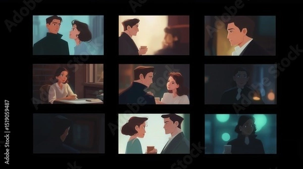 Obraz Romantic Animated Scenes Between Couple in Cozy Urban Setting