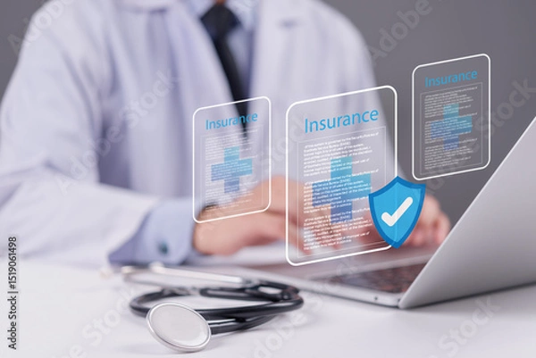 Fototapeta Health insurance concept with digital document interface and shield icon, smart insurance, and secure patient information.Healthcare data management