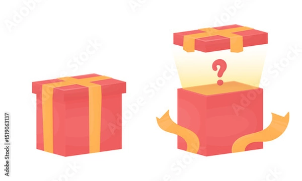 Obraz Open and closed mystery box. Red gift box with yellow ribbon with question mark. Surprise