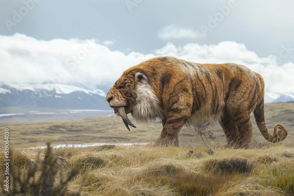 Obraz Saber-Toothed Tiger Depicted in Prehistoric Wildlife Illustration Symbolizing Extinct Predator. Generative AI