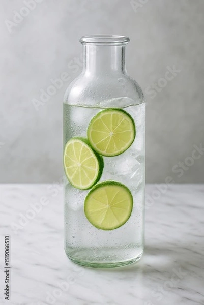 Obraz Clear bottle filled with water and ice cubes containing three lime slices on a marble surface top