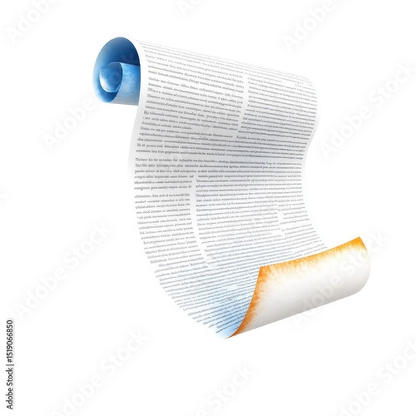 Obraz A digitally rendered scroll, curled and partially unfurled, revealing dense text on a white background with gradients of blue and orange at the edges