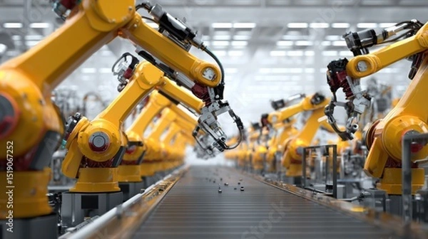 Fototapeta Fully Automated Assembly Line with Synchronization and Robotics Technology