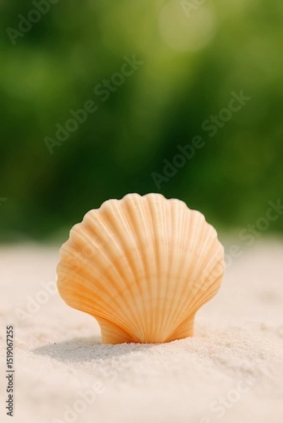 Obraz Close up of a scallop shell on a sandy surface with a blurred green background creating a soft focus scene