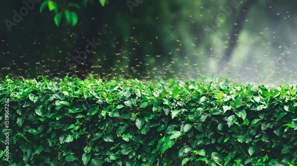 Fototapeta Lush green hedge with hovering mosquitoes, blurred backyard scene - The challenge of balancing privacy and pests in garden greenery