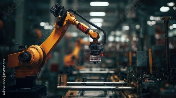 Fototapeta Industrial Robot Arm Performing Tasks in Modern Manufacturing Environment