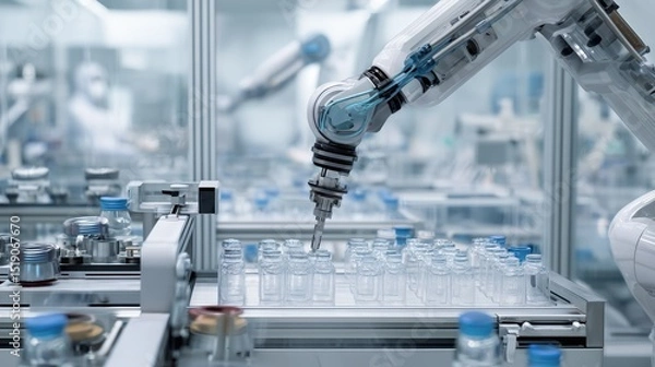 Fototapeta AI-Driven Robotic Arm Assembling Bottles in Modern Laboratory Environment