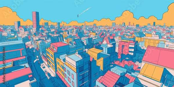 Fototapeta レトロ感あふれる都会のシルエットと大きな太陽が印象的な背景イラスト｜ピンクブルー系・雲と空・ビル街・シティポップ風景・抽象的でおしゃれな街並み