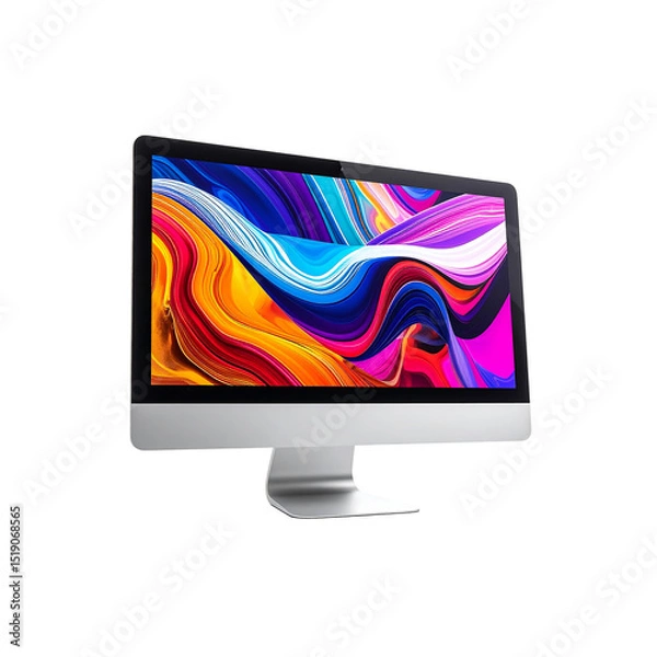 Fototapeta Modern silver desktop computer with vibrant abstract on transparent background