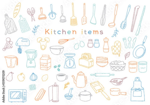 Obraz キッチンアイテムイラストセット　手書き線画