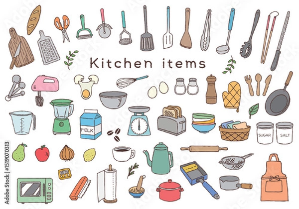 Obraz キッチンアイテムイラストセット　手書き線画