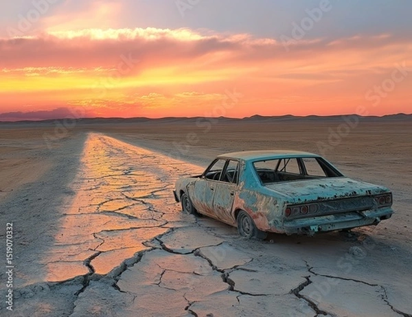 Obraz abandoned car on the side of a cracked road in the desert, at sunset.