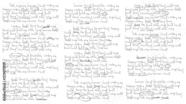 Obraz Text hand write for letter or note with redacted scribble. Handwritten cursive script draft with strike and edit for journal elements. Old pencil sketch with unreadable texture and bad mistakes