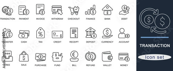 Fototapeta Line art transaction icon set with wallet, payment, invoice, refund, credit, debit, receipt, balance, and currency. Ideal for fintech, banking, and UI design.