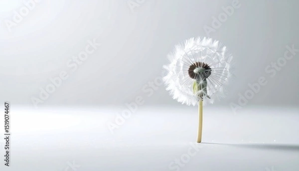 Fototapeta Macro Photograph Of A Single Frost Covered Dandelion Seed Floating In Mid Air With Soft White Background