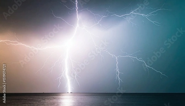 Fototapeta Electric Lightning Strike Illuminating Stormy Night Sky Over Ocean Water with Dramatic Color Gradient