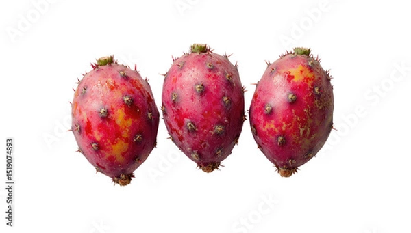 Fototapeta Three prickly pear fruits, vibrant red with yellow highlights,  top view