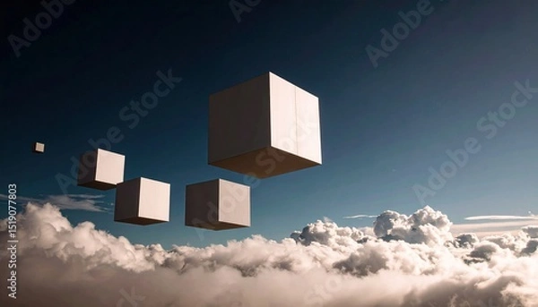 Fototapeta Floating Cuboid Structures In A Surreal Sky Above Clouds A Dreamlike Architectural Composition