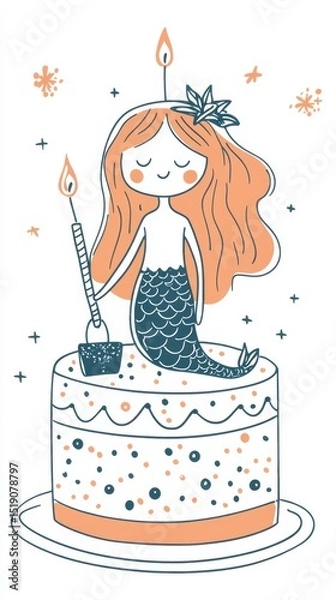 Obraz elborate, delicious birthday cake with one candle designed to look like a mermaid holding a purse. with a pure white background, features line art aesthetics. It includes clean shapes and color blocks