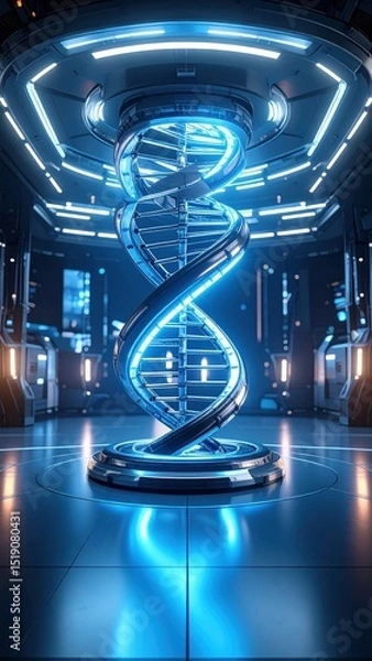 Fototapeta Futuristic Metallic DNA Helix With Glowing Neon Blue Lights In Science Fiction Environment
