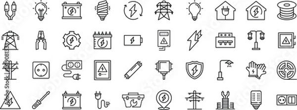 Fototapeta Electricity and Power Line Icon Set – Electrical Energy, Voltage, Battery, Plug, Circuit, and Engineering Symbols in Outline Style