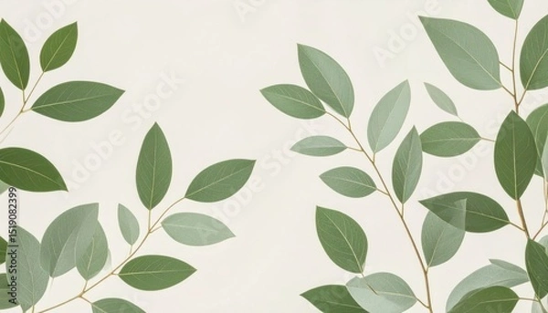 Fototapeta Gentle Green Leaf Pattern On Beige Background With Botanical Branches
