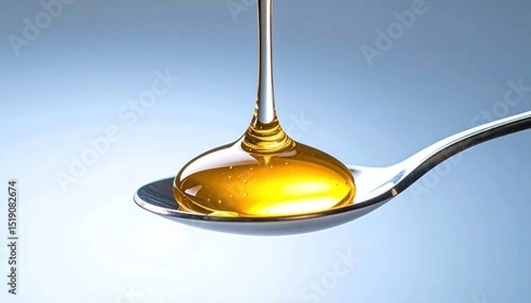 Fototapeta Golden Honey Droplet Suspended On Silver Spoon Against Soft Gradient Background