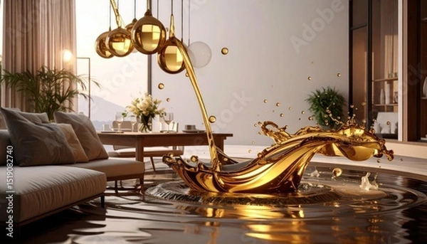 Fototapeta Golden Liquid Splash in Modern Interior with Dynamic Flowing Patterns
