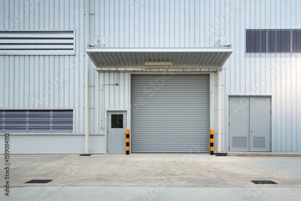 Fototapeta Exterior of industrial building. Construction for factory, store or warehouse. Include shutter door at front. Nobody empty space on concrete floor suit for product display or industrial background.