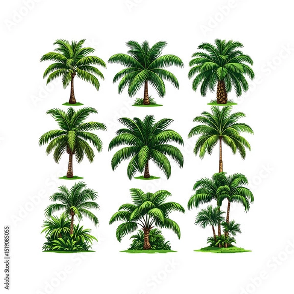 Fototapeta Collection of detailed green tropical palm trees set on transparent background