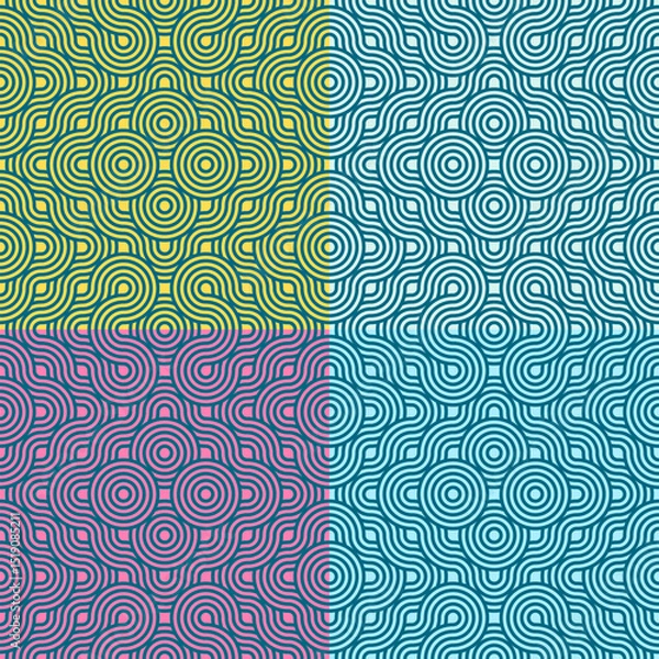 Fototapeta  seamless pattern showcases concentric circles and wavy lines, divided into four vibrant quadrants with distinct colors—yellow-green, light blue, purple, and teal