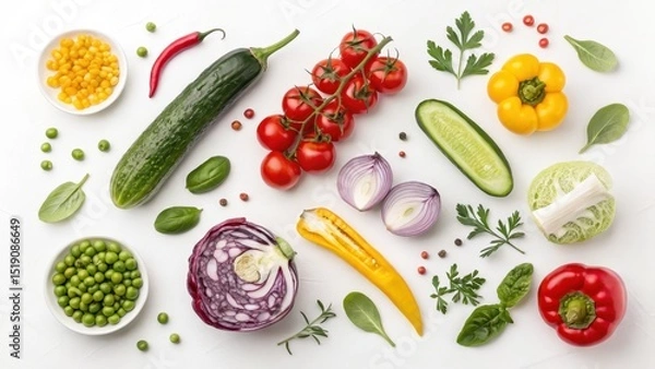 Fototapeta Fresh Colorful Vegetables and Herbs Arrange on a Bright Surface for Healthy Eating Concept