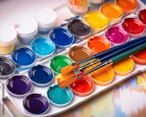 Fototapeta Artist's set of colorful watercolor, gouache, and liquid paints with brushes and a palette for school art education and drawing