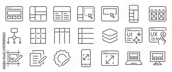 Obraz Template icon set. It included mockup, wireframe, grid system, layout, web, responsive design and more icons. Editable Vector Stroke.
