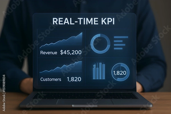 Fototapeta Laptop displaying real time Key Performance Indicator financial report