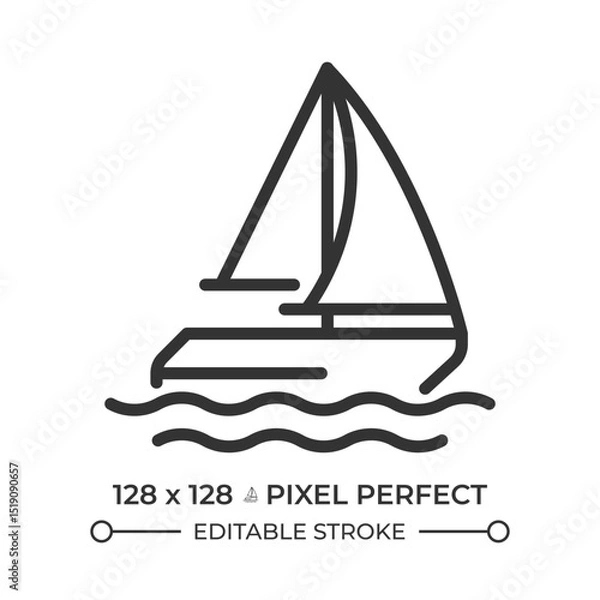 Obraz Sailing ship pixel perfect line icon. Yacht on sea journey. Travelling by water with sailboat. Maritime. Isolated vector illustration. Outline symbol. Simple linear drawing. Editable stroke