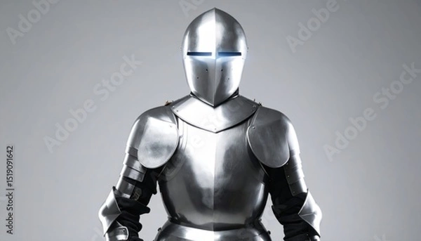 Obraz Silver Knight Armor with Energy Shield Projection Futuristic Concept Against Gray Background