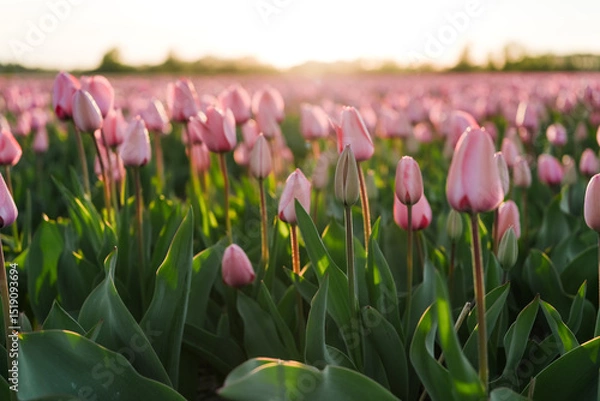Fototapeta Warm Evening Light on Blooming Tulips in Lisse
