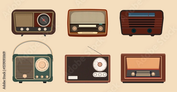 Obraz A set of vintage and retro radios in various iconic styles. Classic radio receivers with knobs, antennas, and wood textures. Ideal for nostalgic, retro tech, or antique electronics themes