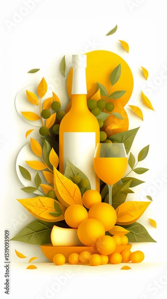Obraz A lively illustration yellow bottle for wine with citrus fruits and leafy accents, capturing the essence of freshness