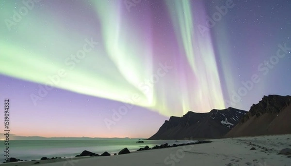 Obraz Vivid Aurora Borealis Display Over Coastal Landscape Featuring Purple And Green Lights In A Starry Night Sky