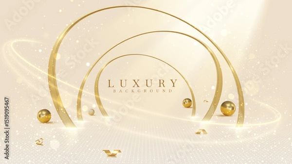 Fototapeta Luxury cream background with golden frame lines elements and neon light effect decoration, curves and bokeh with realistic 3D golden ribbon and ball elements.