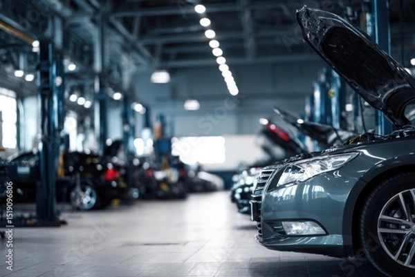 Obraz Car repair shop, a grey with an open hood in the foreground and other cars on lifting platforms for maintenance in the background. Car service center interior. Blurred background of a car workshop.