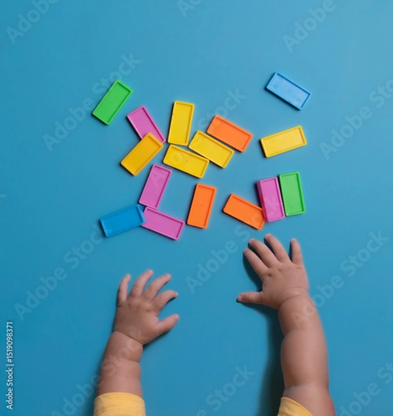 Fototapeta The child plays with colorful blocks. Family vacation with children for the holidays,top view