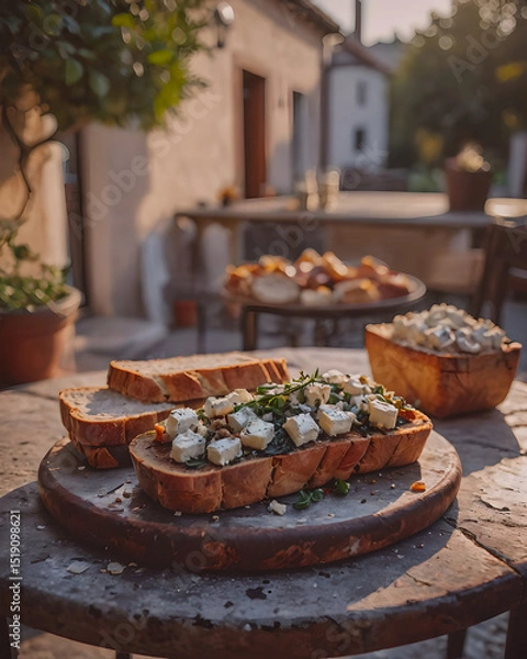 Obraz Gustoso tagliere di formaggi su un tavolo rustico in una terrazza su di un antico paesaggio medievale