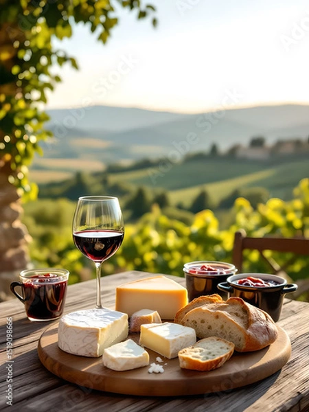 Obraz Gustoso tagliere di formaggi  e calice di vino rosso su un tavolo rustico in una terrazza su di un antico paesaggio medievale
