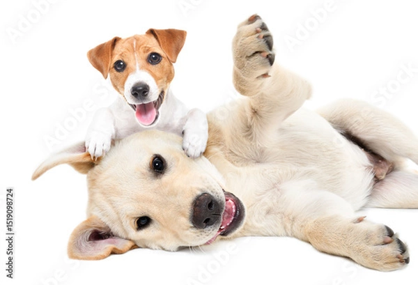 Fototapeta Funny jack russell terrier and labrador puppies playing together isolated on white background
