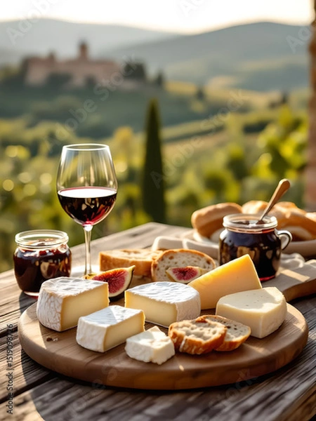 Obraz Gustoso tagliere di formaggi  e calice di vino rosso su un tavolo rustico in una terrazza su di un antico paesaggio medievale